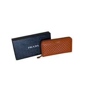 Prada Quilted Leather Zip Around Wallet Orange Gold Logo